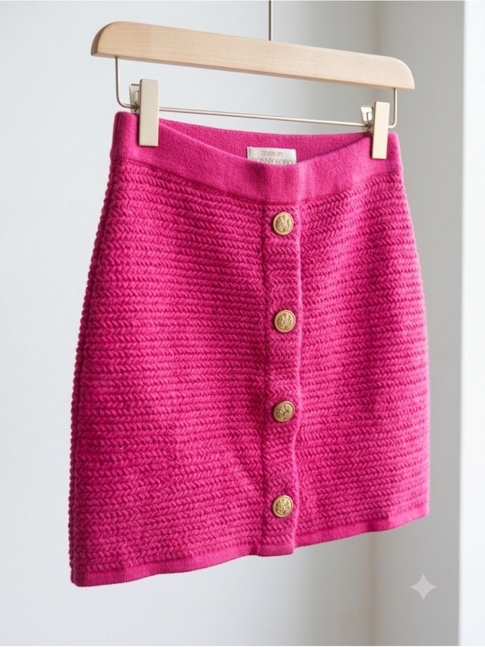 Torn by Ronny Kobo Hot Pink Knit Button Front Mini Skirt Gold Crest Medallion S